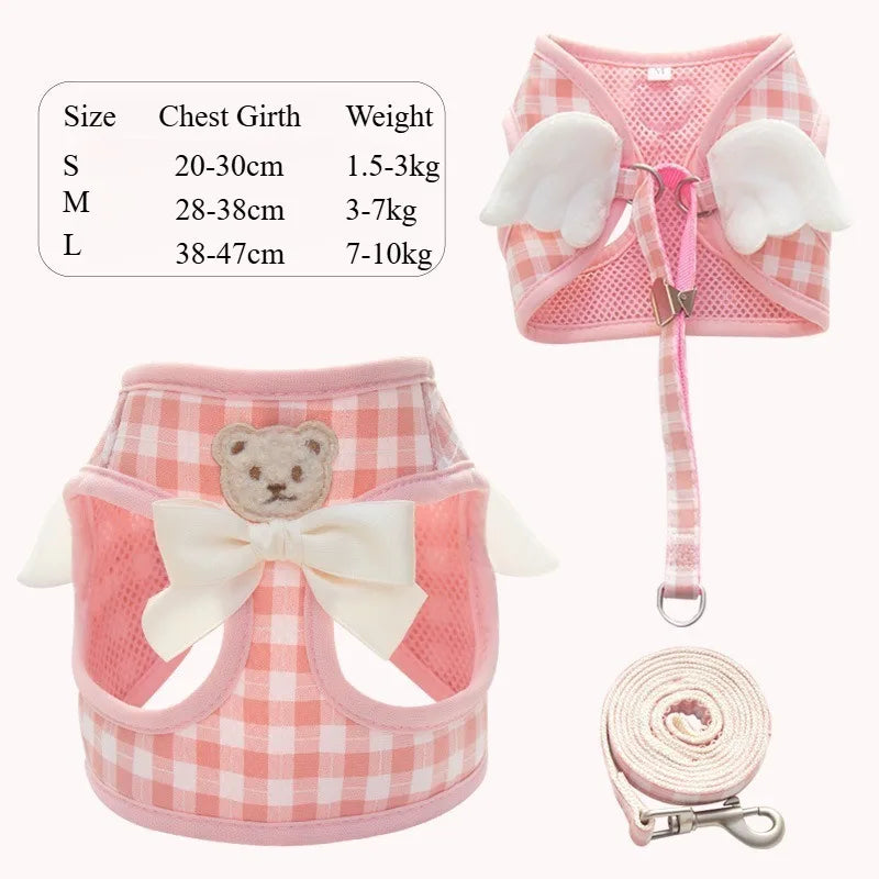 Dog Harness and Leash Set with Angel Wings Pets Adjustable Mesh Vest Harness with Wings and Bow for Small Medium Dogs Cats